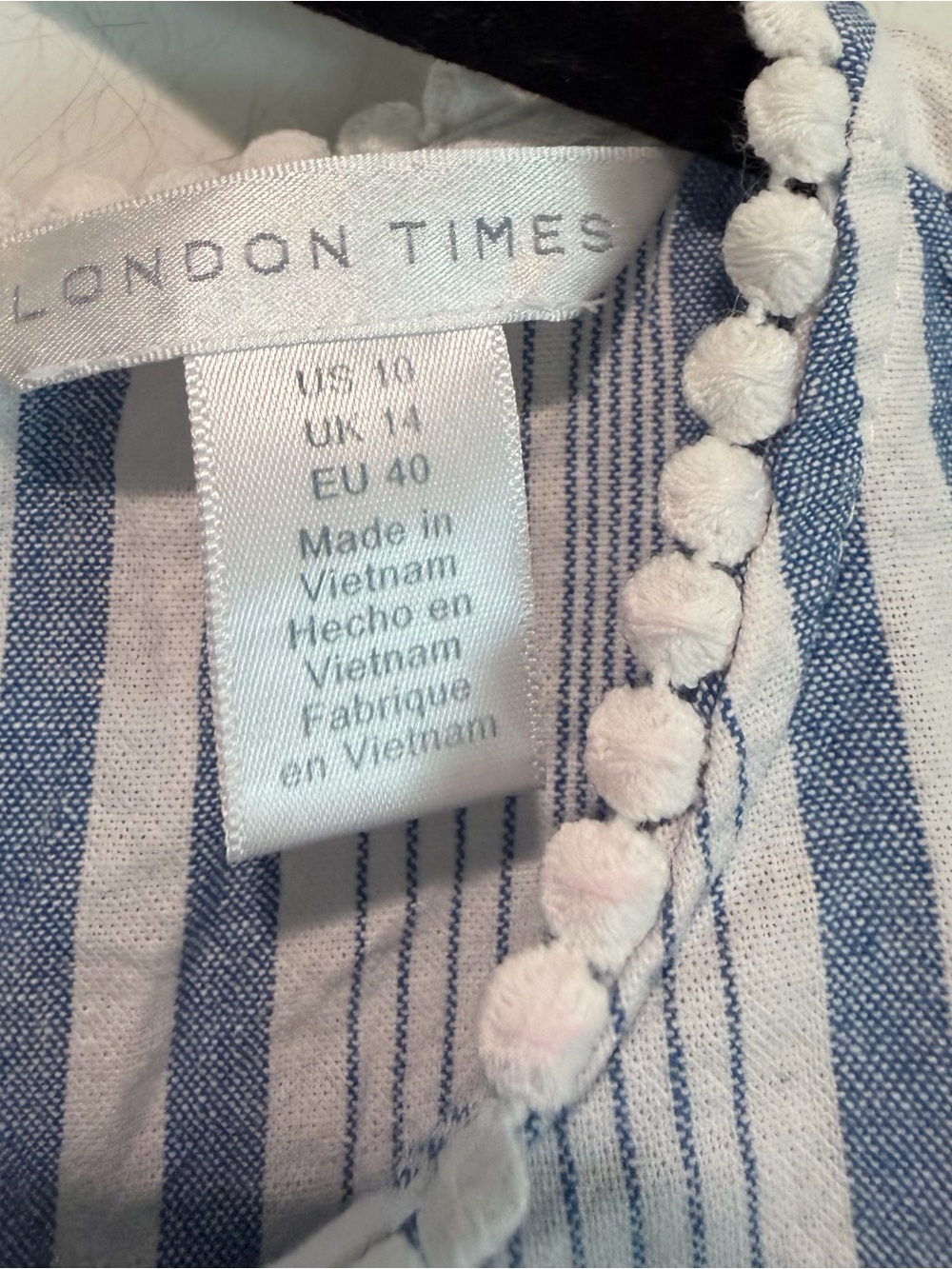 London Times Blue White Striped Cotton Mini Dress Pom Pom Coastal Size 10 - Picture 5 of 7